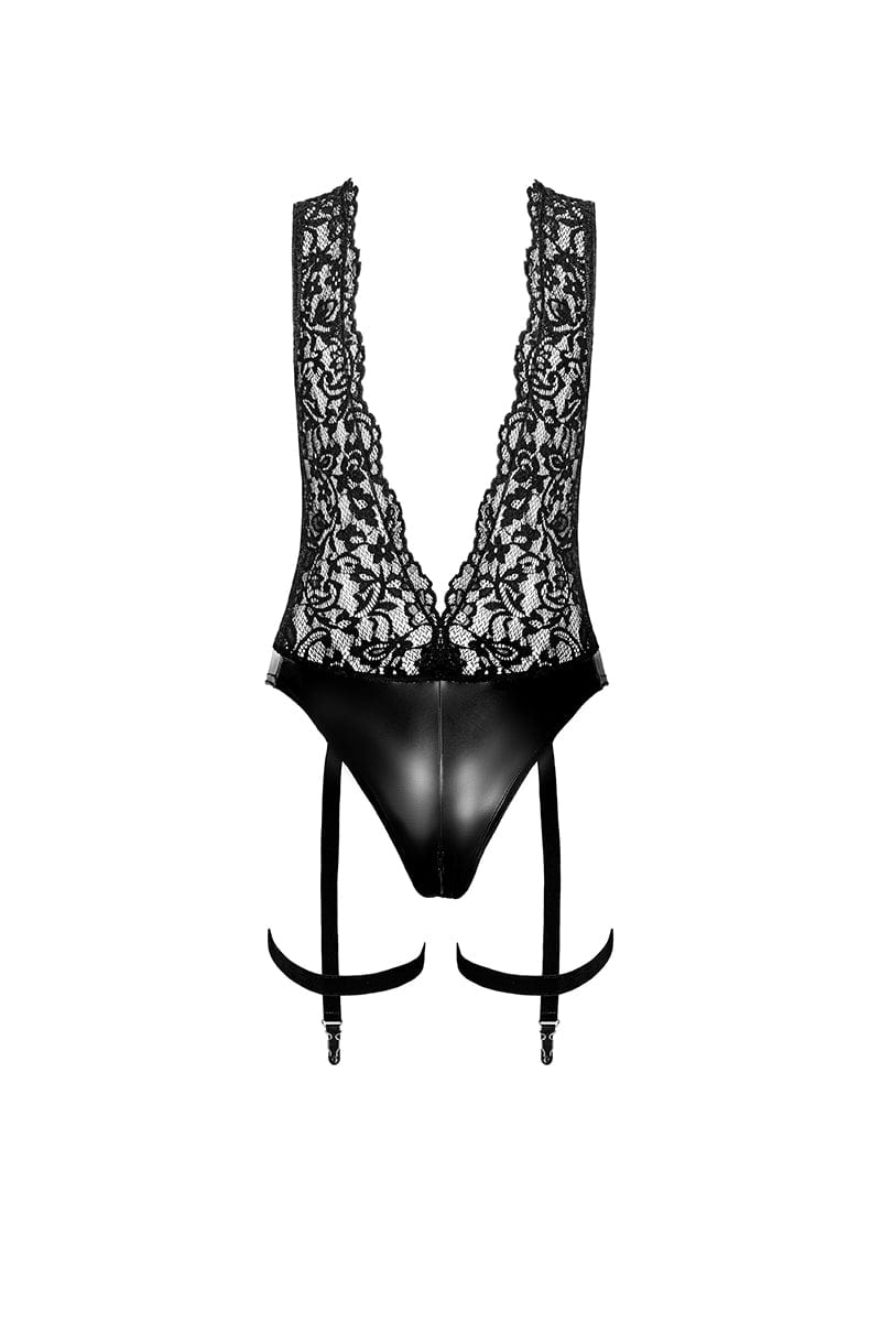 Body jarretelles Libido F297 wetlook et dentelle - Noir Handmade