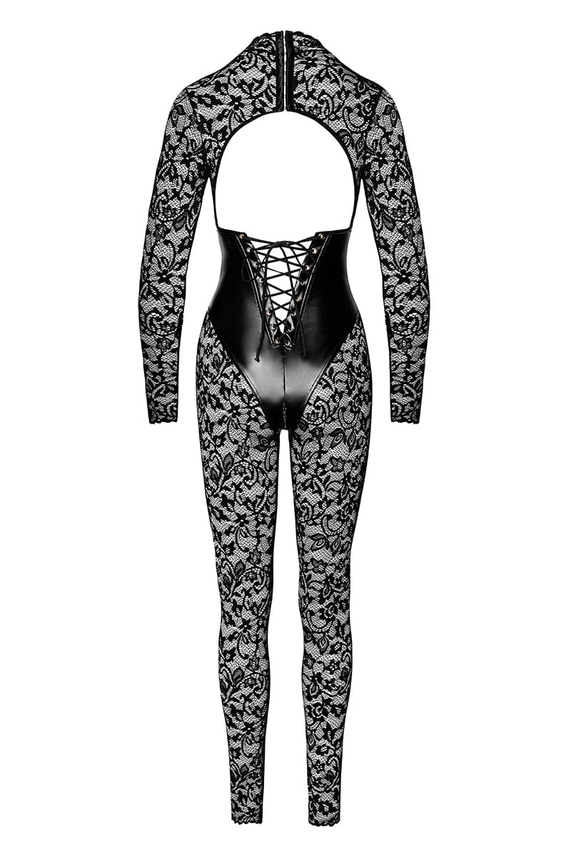 Combinaison libertine corset Enigma F299 dentelle et wetlook - Noir Handmade