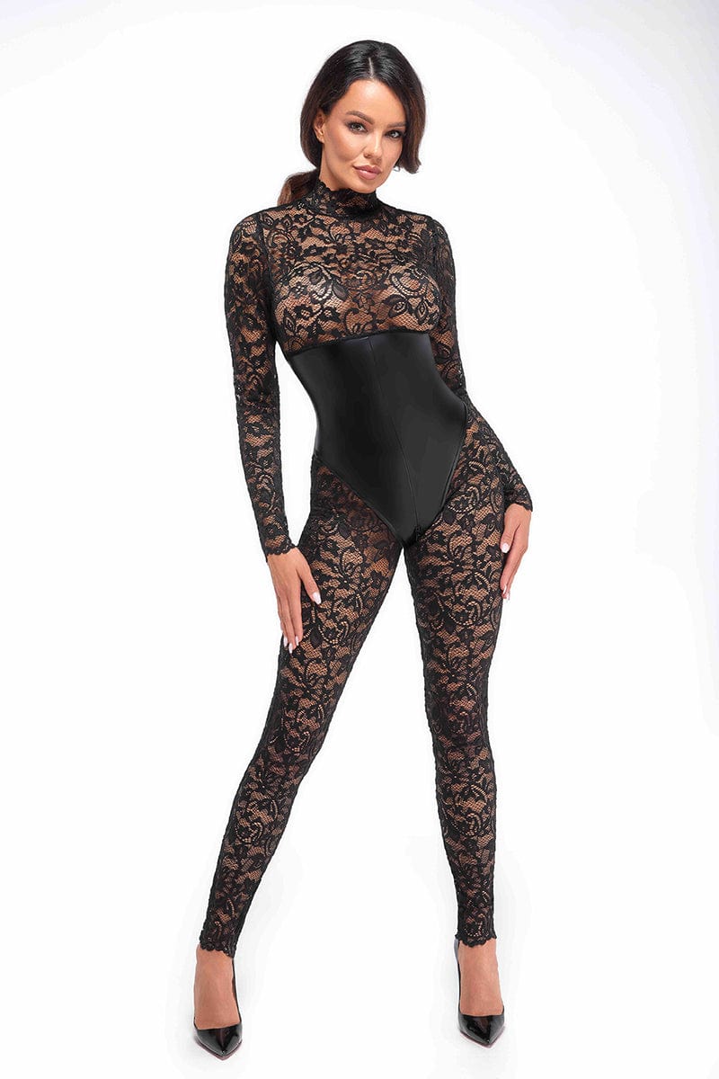 Combinaison libertine corset Enigma F299 dentelle et wetlook - Noir Handmade
