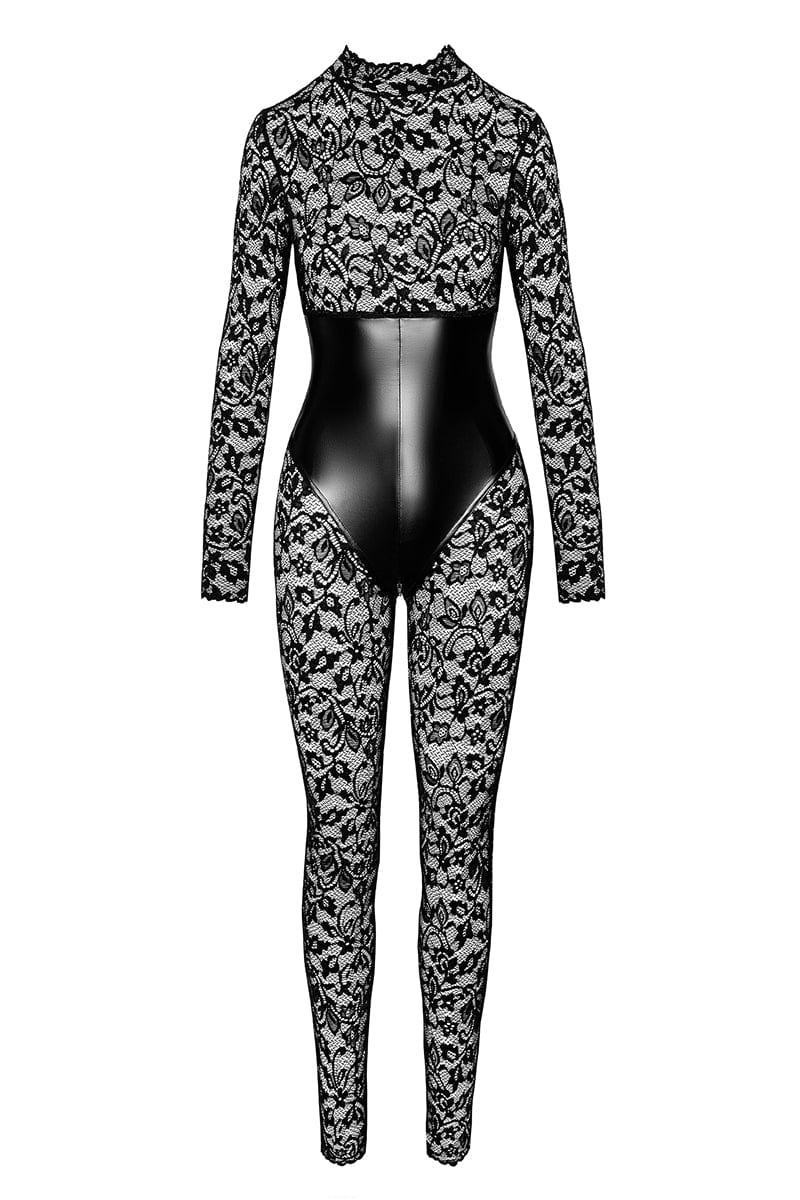 Combinaison libertine corset Enigma F299 dentelle et wetlook - Noir Handmade
