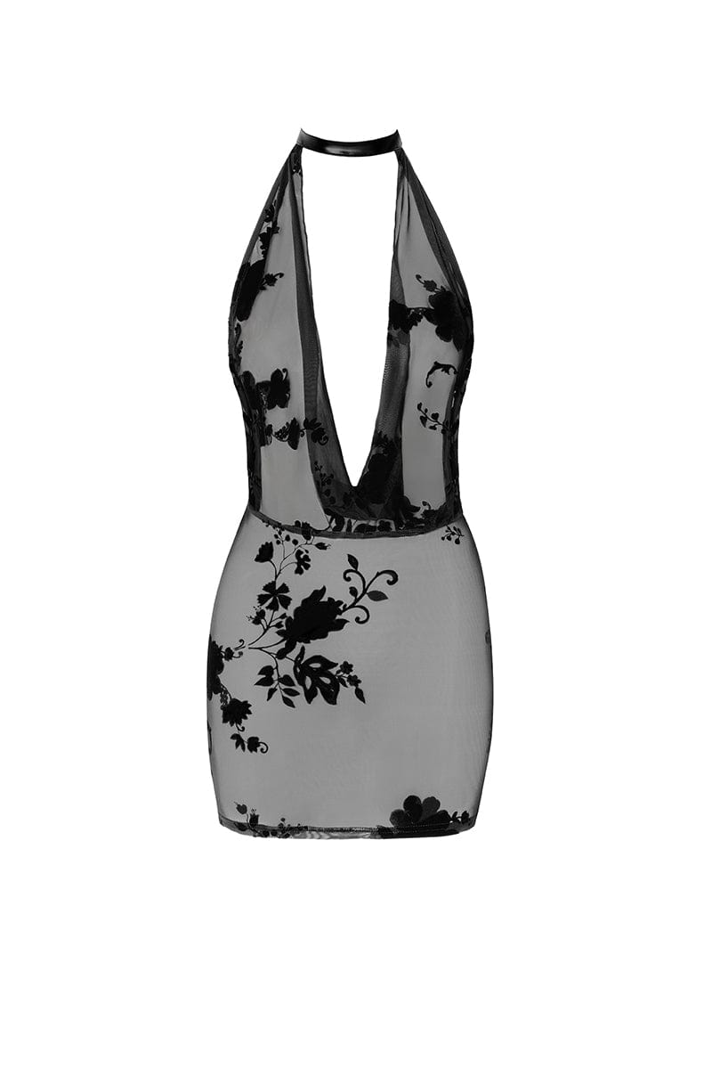 Mini robe dos nu Mythos F313 tulle floqué - Noir Handmade