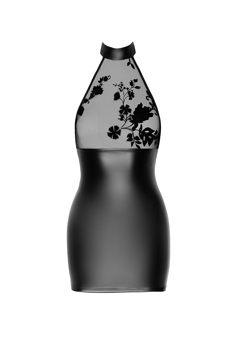 Mini robe noire dos nu Eros F311 wetlook et tulle floqué - Noir Handmade