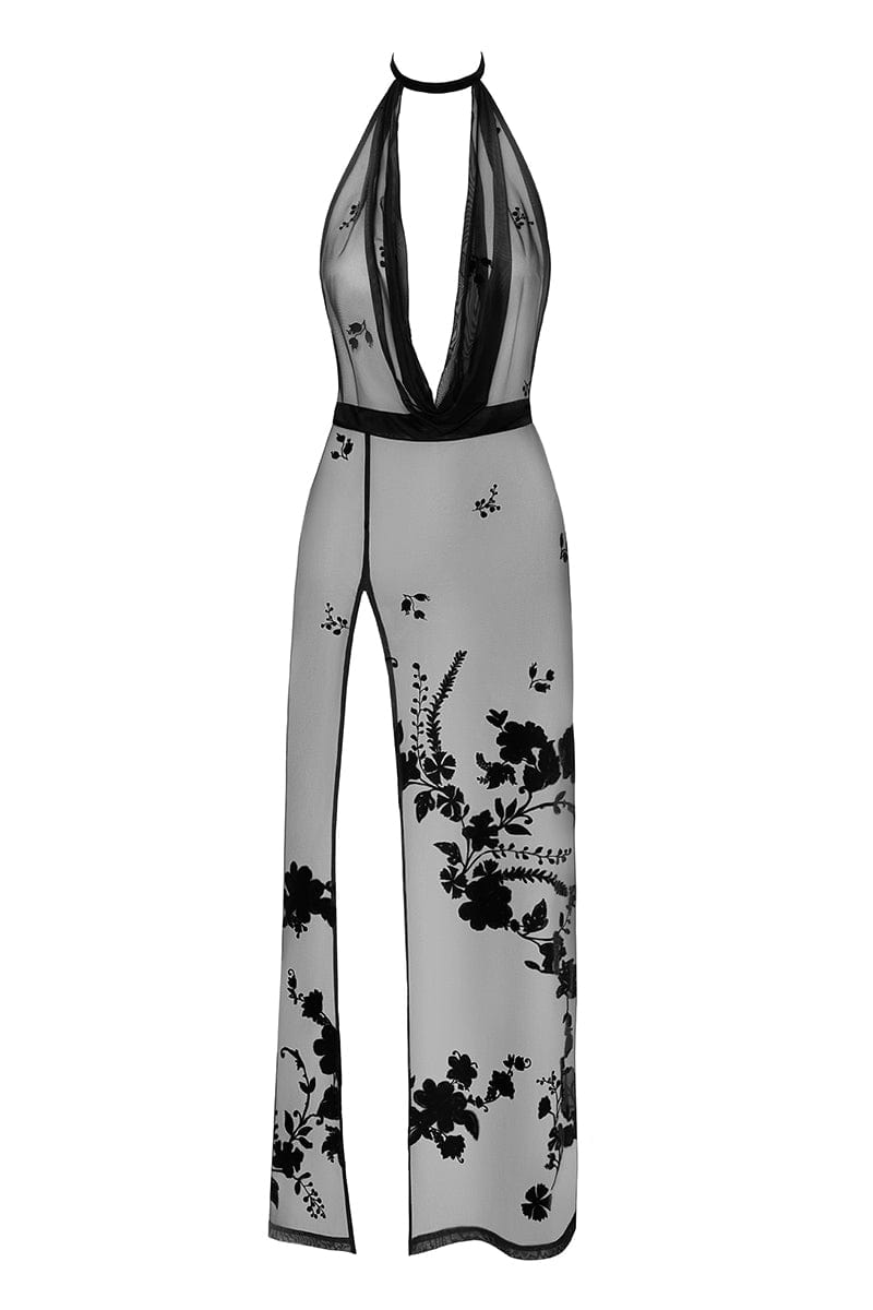 Robe longue dos nu Divinity F312 tulle floqué - Noir Handmade
