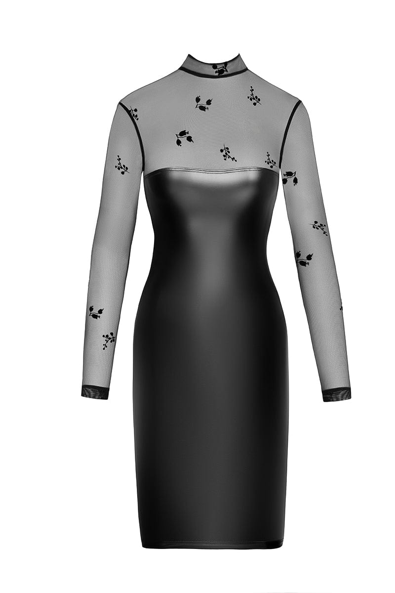 Robe moulante Sublime F310 wetlook et tulle floqué - Noir Handmade