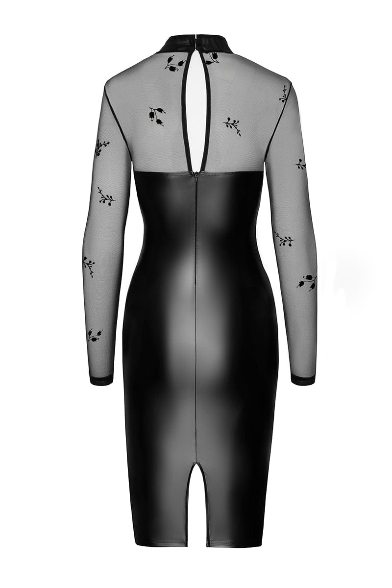 Robe moulante Sublime F310 wetlook et tulle floqué - Noir Handmade