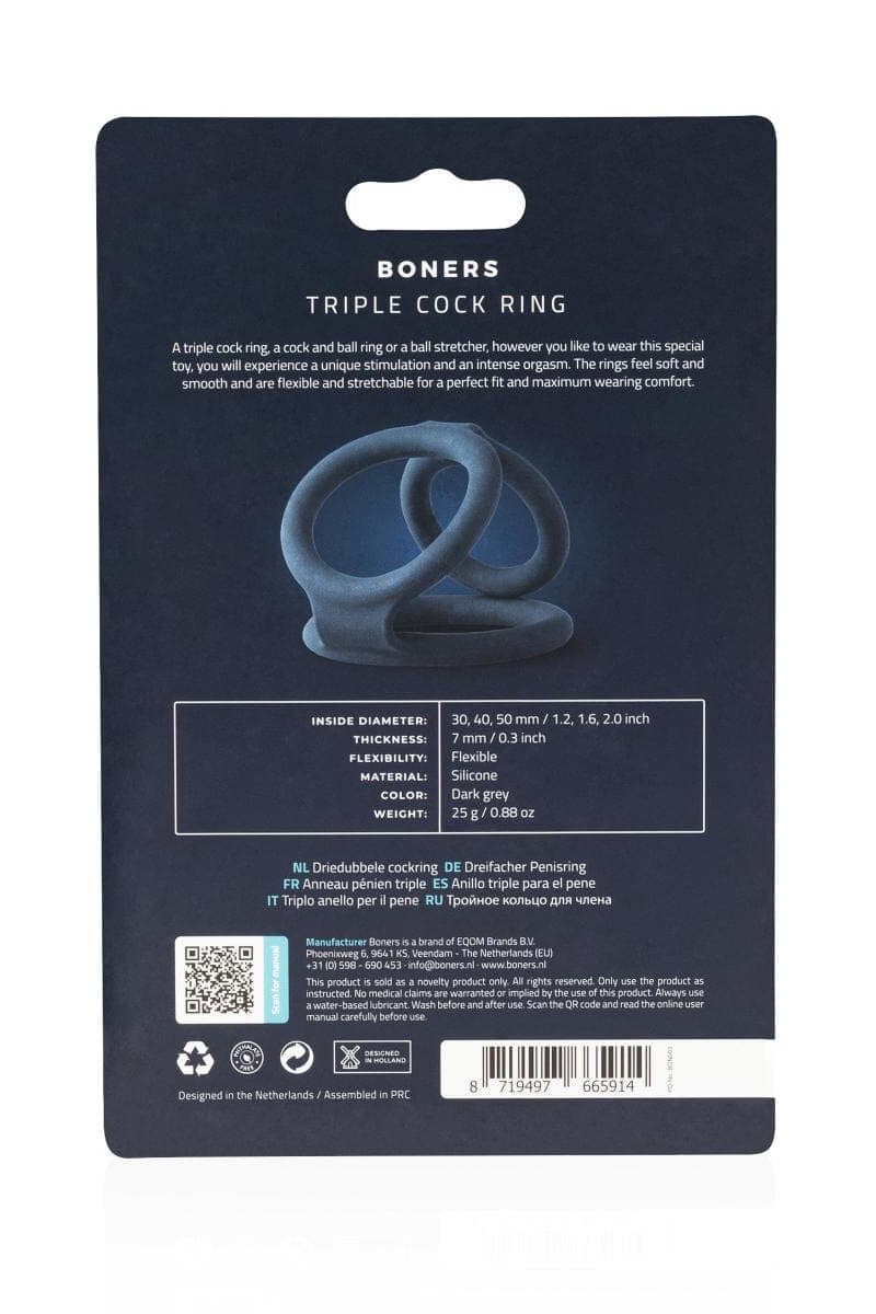 Anneau à pénis triple cockring en silicone extensible 3, 4, 5cm - Boners