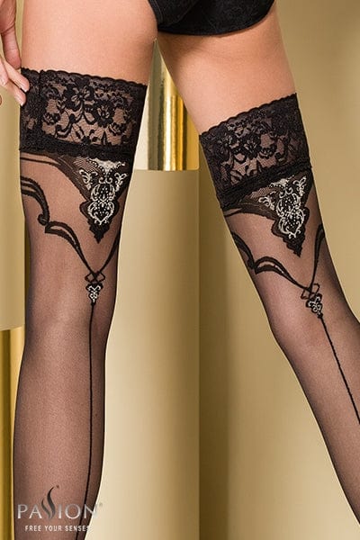 Bas sexy noir autofixants jarretière large en dentelle doublée ST108 - Passion