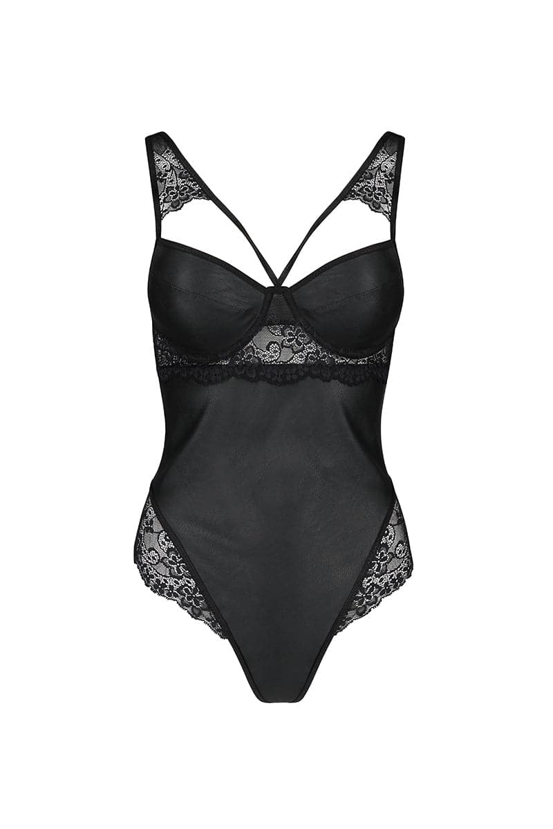 Body dos nu coquin réglable en faux cuir et dentelle noire Loona - Passion