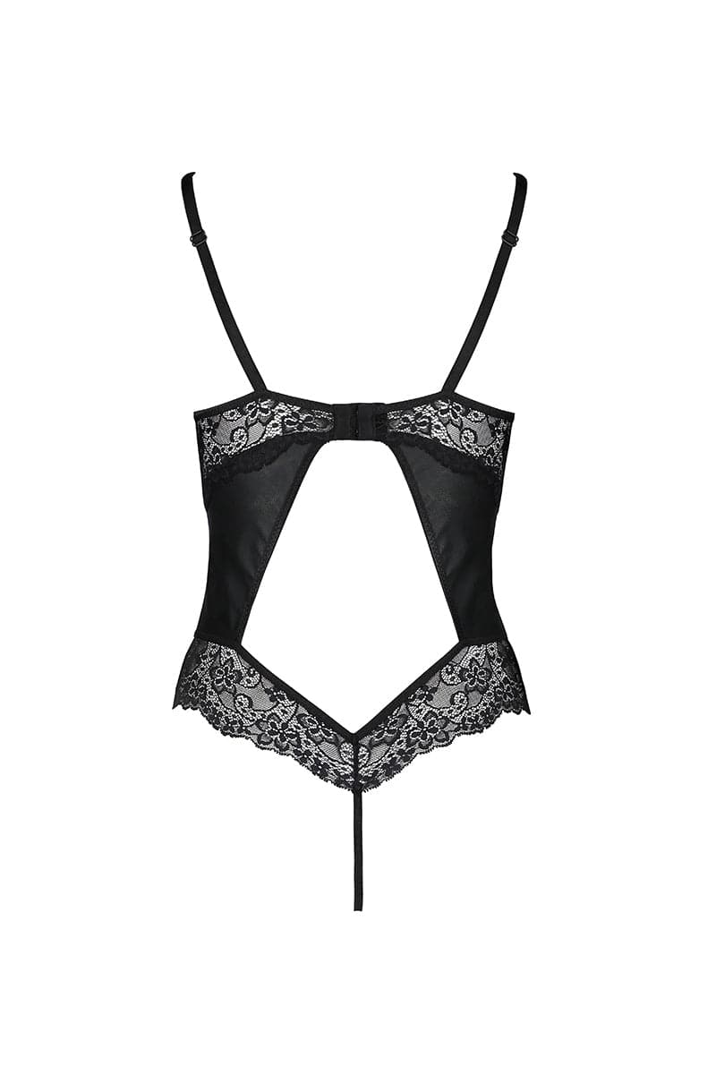 Body dos nu coquin réglable en faux cuir et dentelle noire Loona - Passion