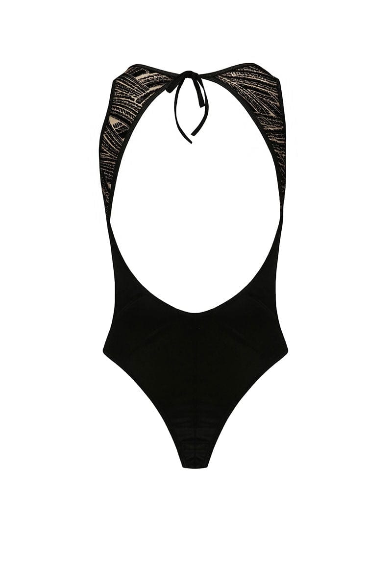 Body fantaisie charme dos nue et culotte finition tanga noir Lara - Casmir