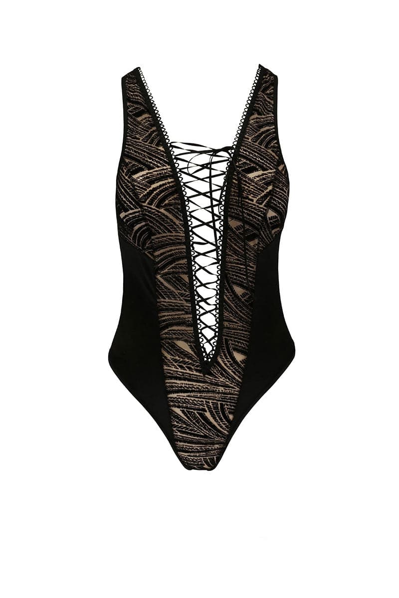 Body fantaisie charme dos nue et culotte finition tanga noir Lara - Casmir