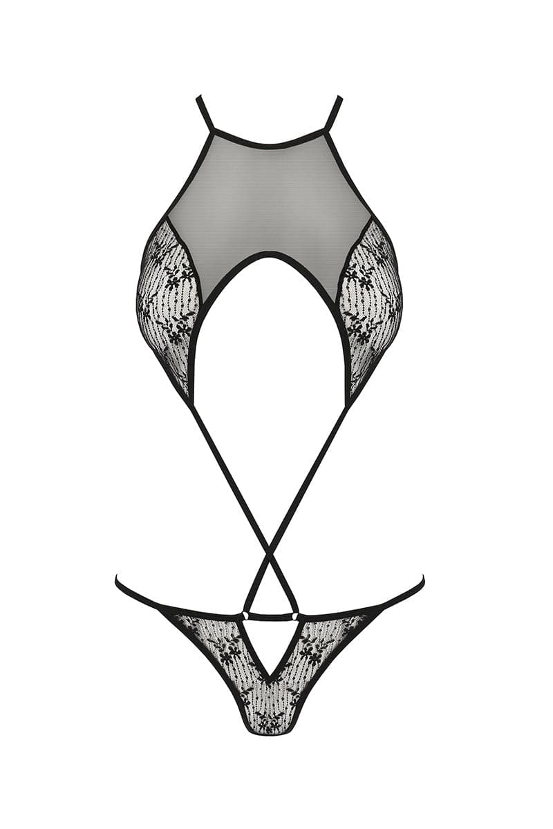 Body sexy noir en résille fine et à motif fleuri Azalia couple - Passion