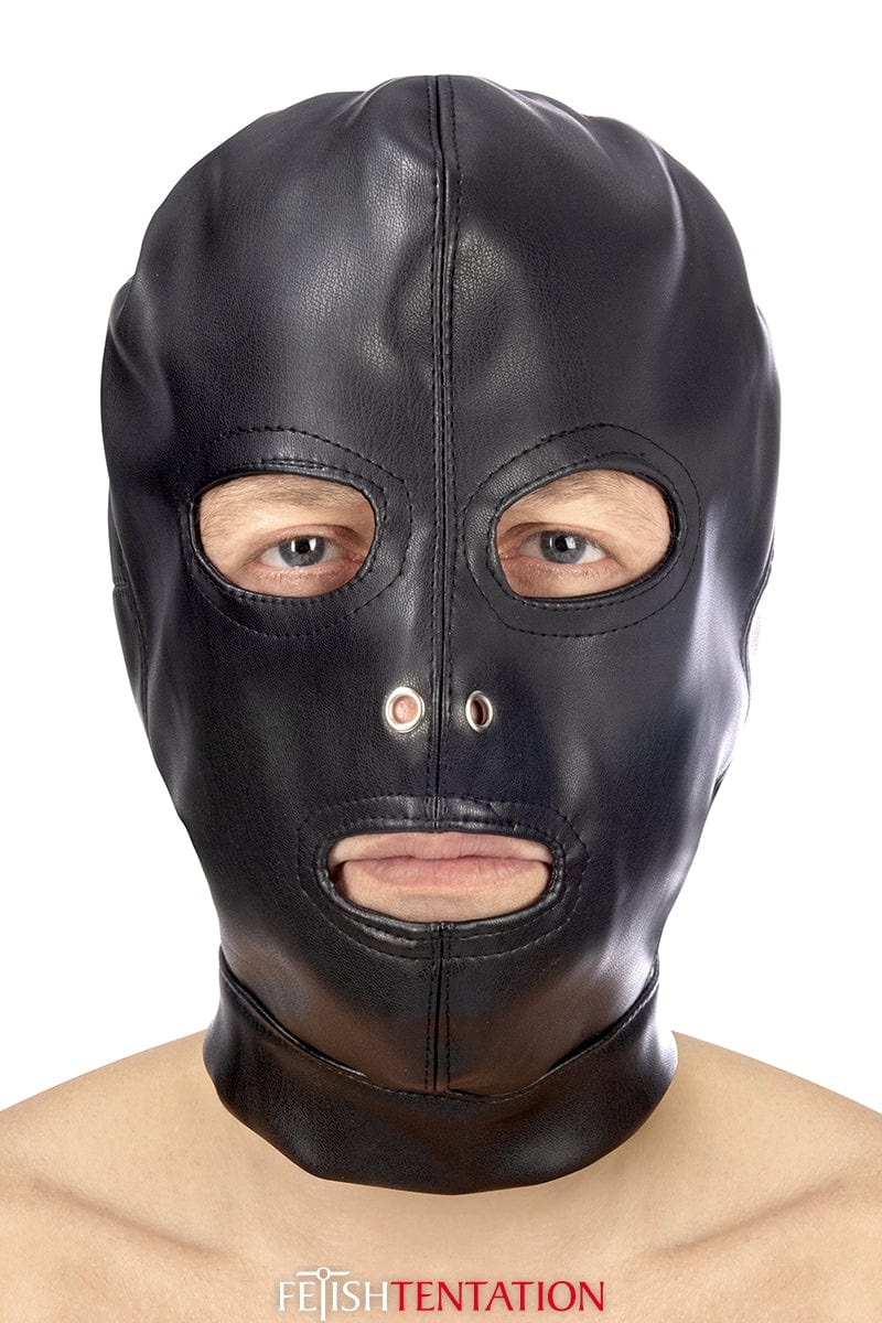 Cagoule BDSM 3 ouvertures en simili cuir pratique SM - Fetish Tentation