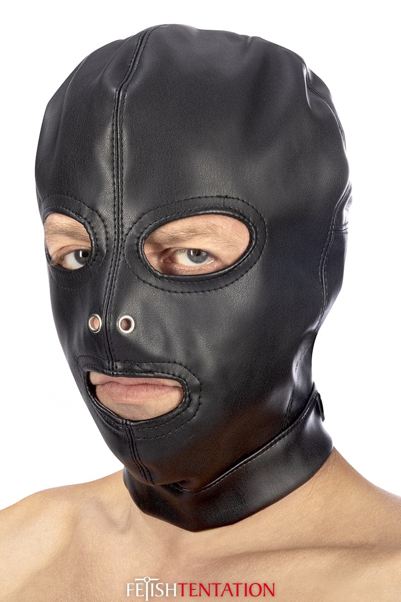 Cagoule BDSM 3 ouvertures en simili cuir pratique SM - Fetish Tentation