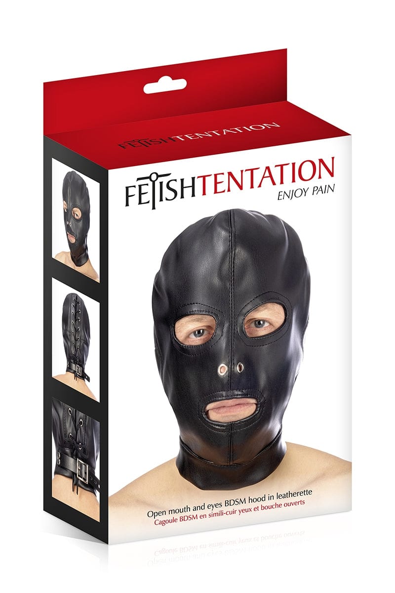 Cagoule BDSM 3 ouvertures en simili cuir pratique SM - Fetish Tentation