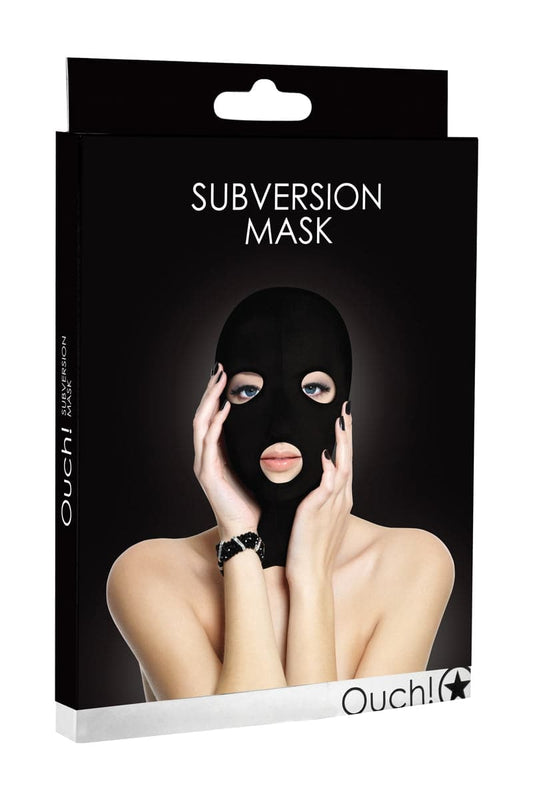 Cagoule érotique noire pour jeux fetish avec 3 ouvertures Subversion - Ouch!