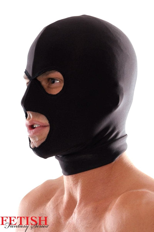 Cagoule festish SM en spandex noir avec 3 ouvertures yeux + bouches