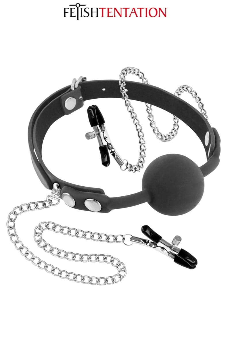 Collier baillon avec pinces à tétons jeu bdsm - Fetish Tentation