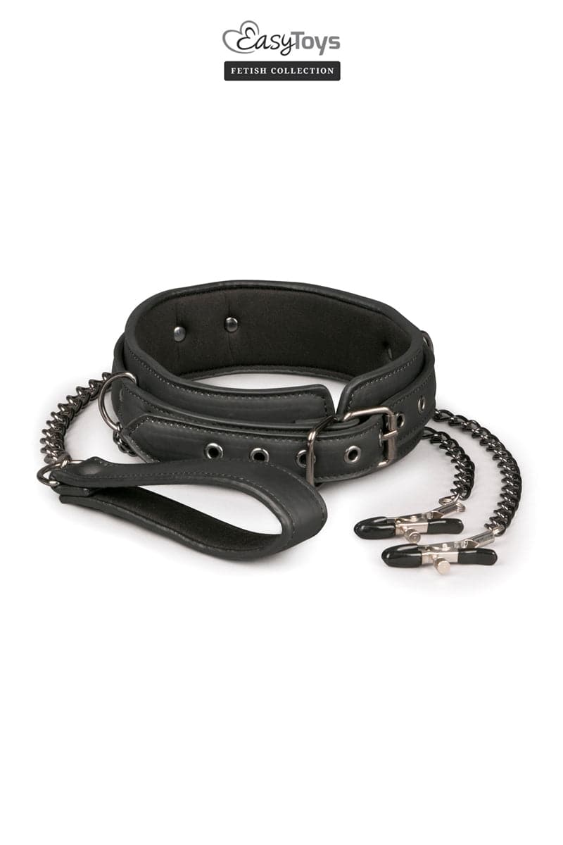 Collier BDSM en faux cuir avec pinces à seins reliées - Easytoys Fetish Collection