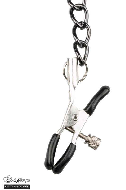 Collier BDSM en faux cuir avec pinces à seins reliées - Easytoys Fetish Collection