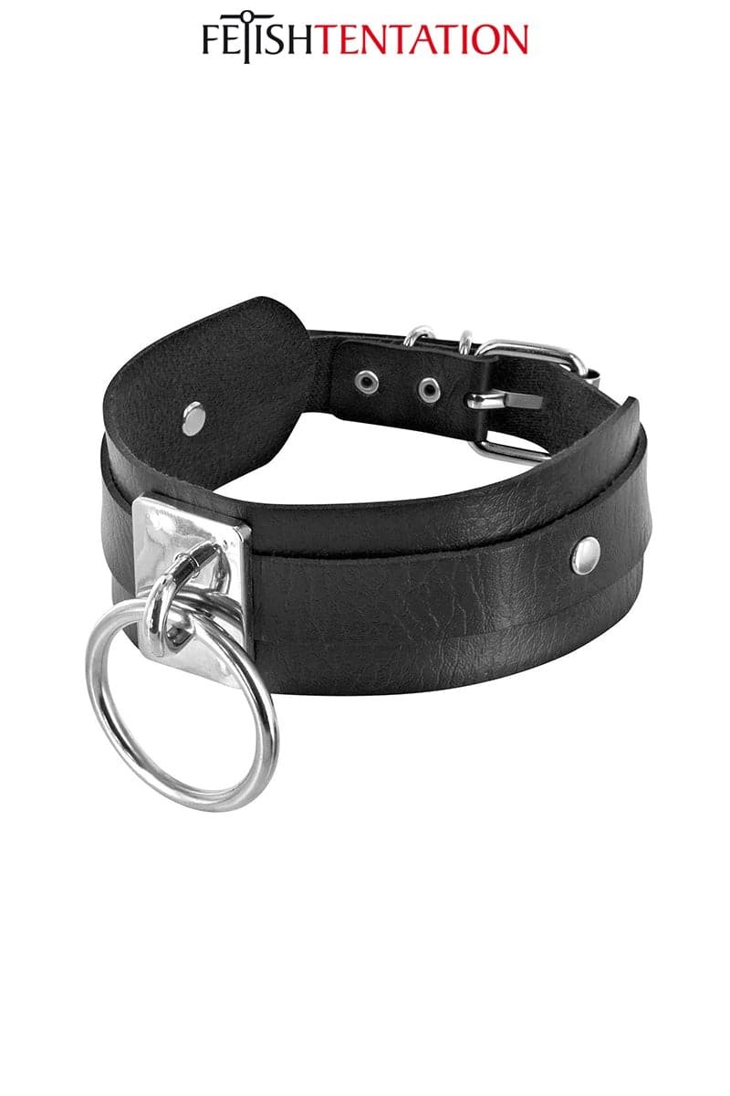 Collier de soumis noir avec anneau en métal pour laisse BDSM
