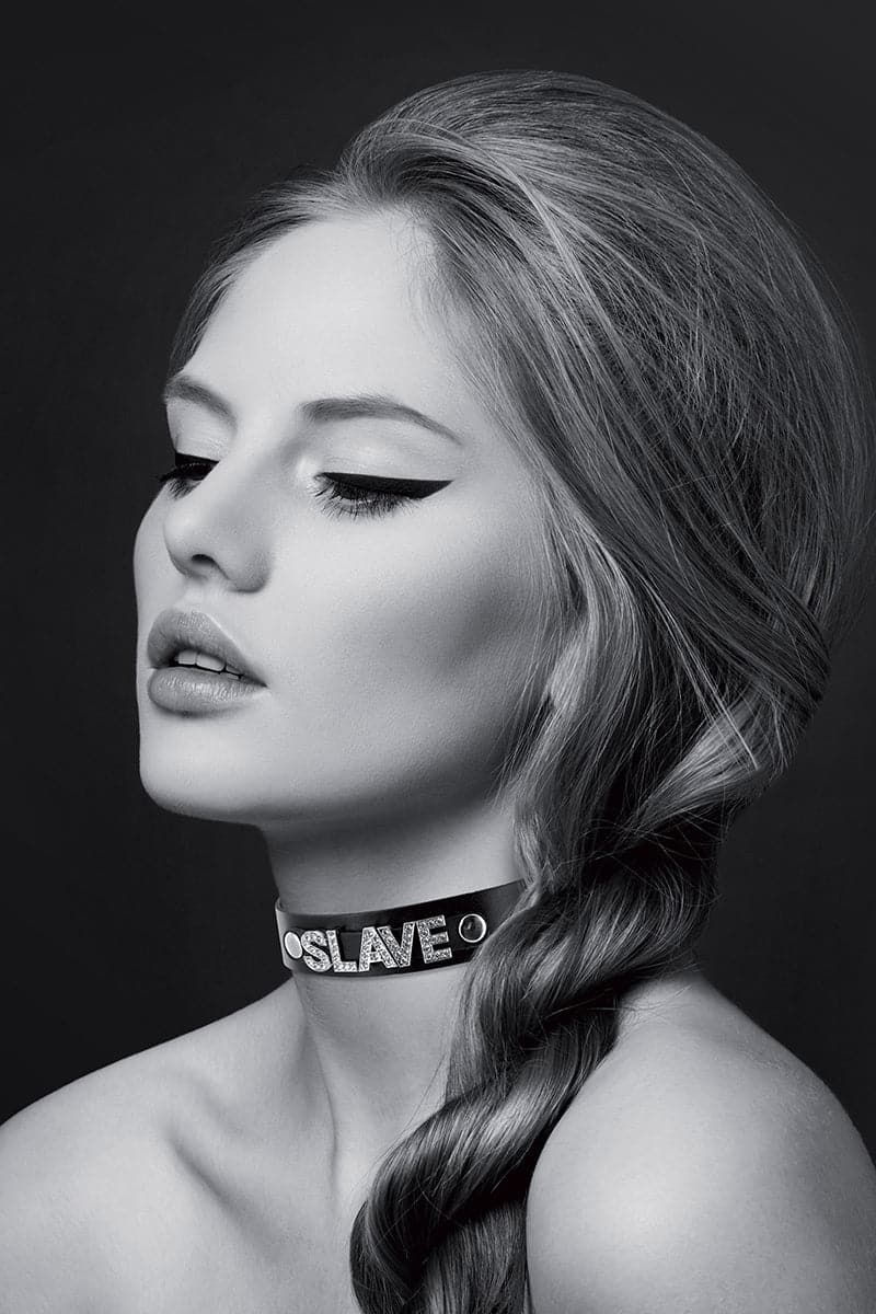 Collier de cou soumission en cuir avec strass SLAVE - Bijoux Pour Toi