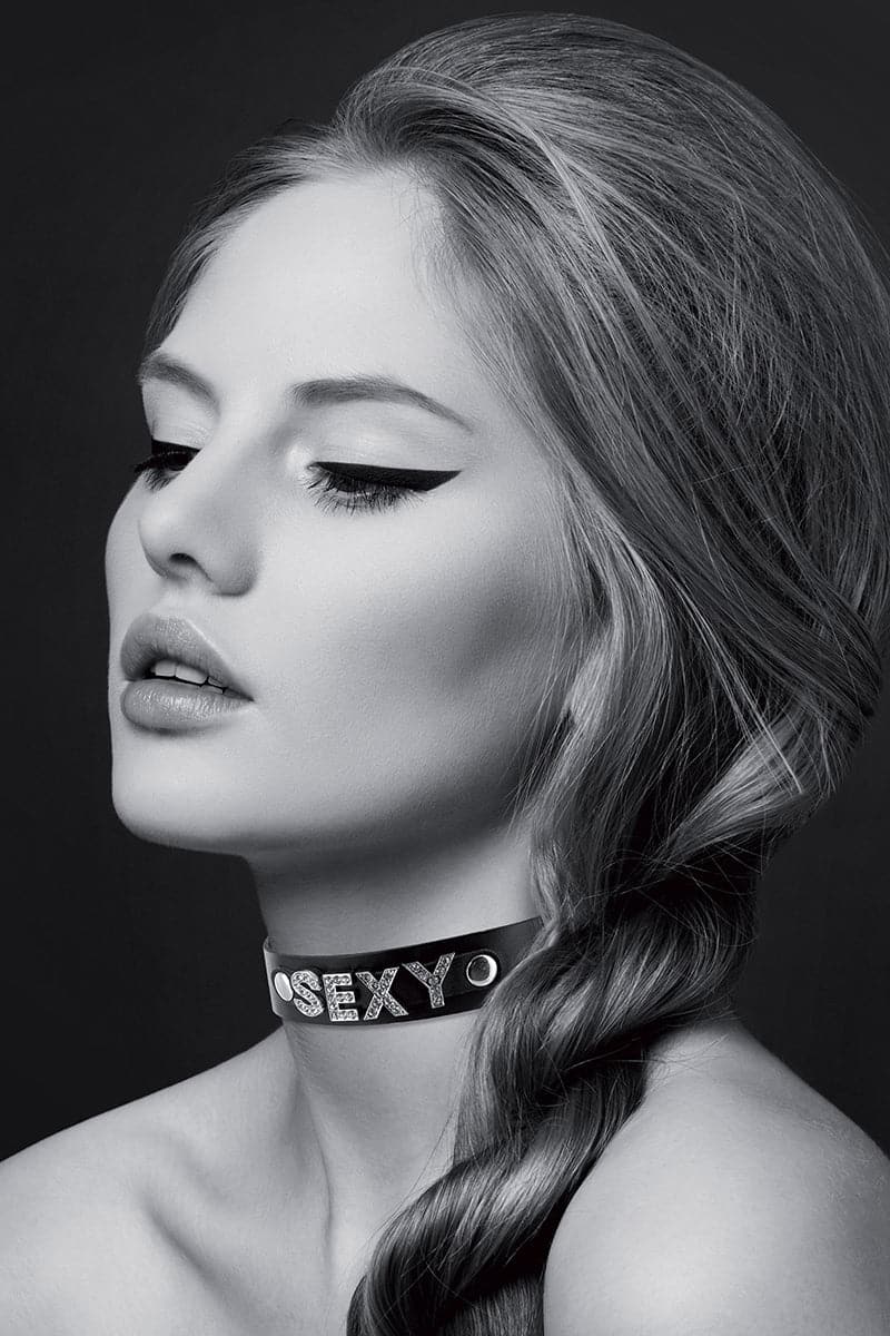 Collier de soumission BDSM réglable avec strass et inscription SEXY - Bijoux Pour Toi