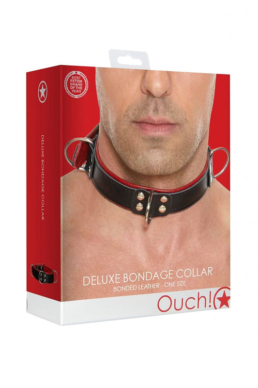 Collier de soumission en cuir rouge et noir pour pratique BDSM - Ouch!