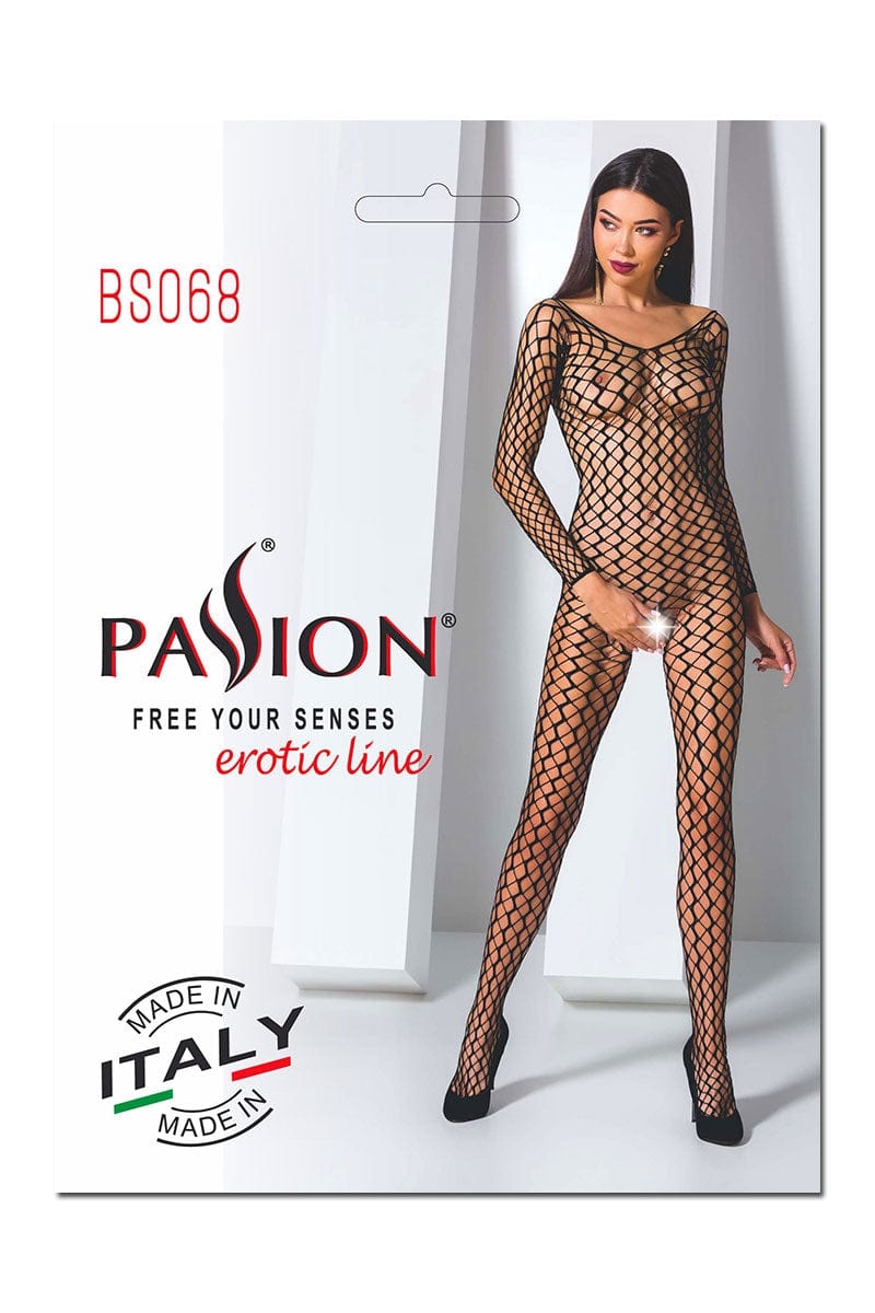 Combinaison filet sexy ouverte manches longues en maille BS068 - Passion TU / Noir