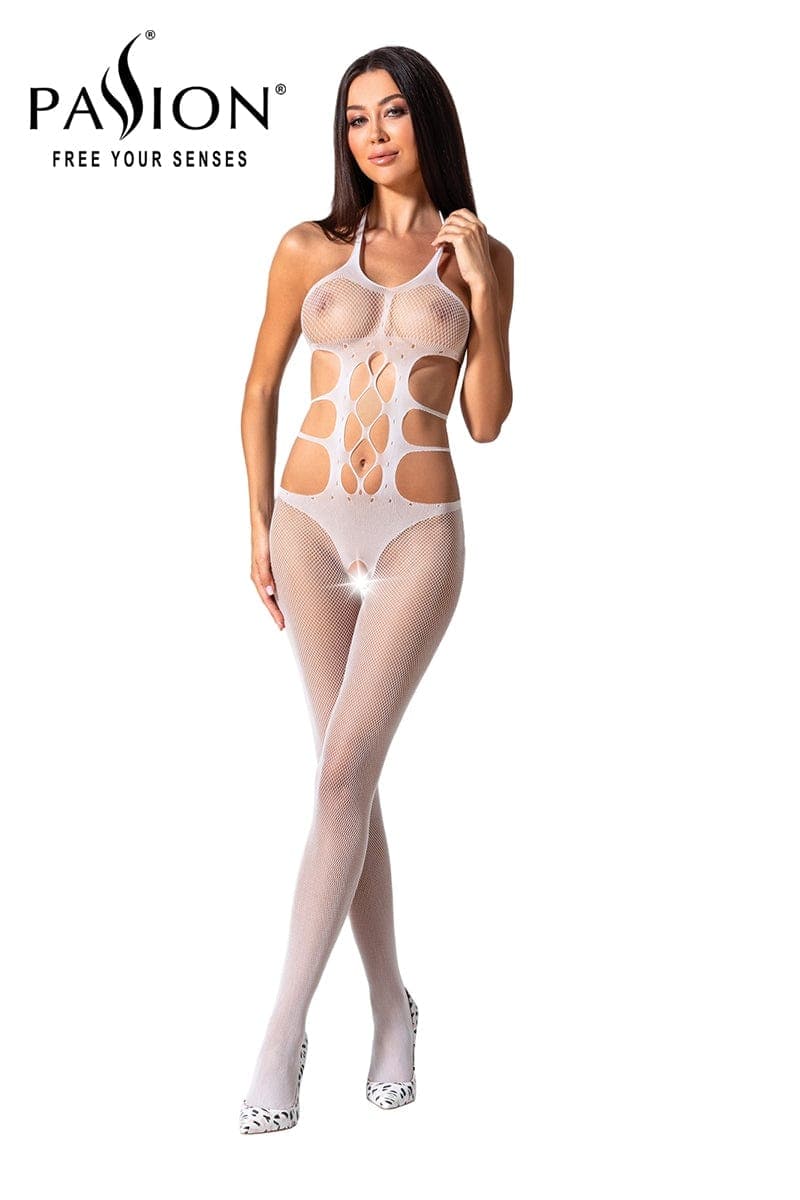 Combinaison sexy body ouvert en résille blanche seins opaques BS084 - Passion Lingerie Taille unique / Blanc