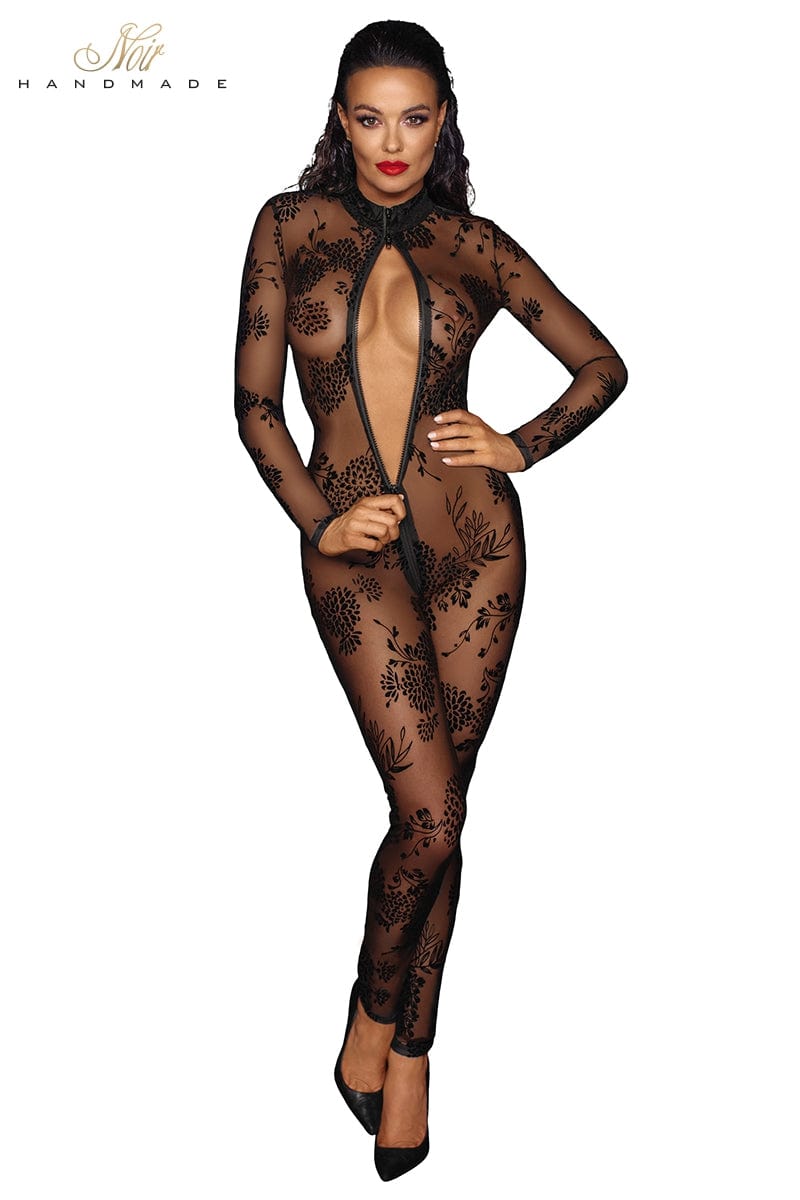 Combinaison transparente sexy intégrale en tulle floqué F237 - Noir Handmade