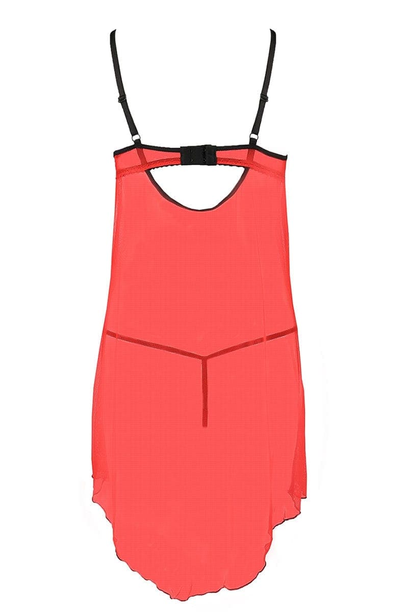 Déshabillé seins nus fendu provocant tulle rouge + string assorti - Passion