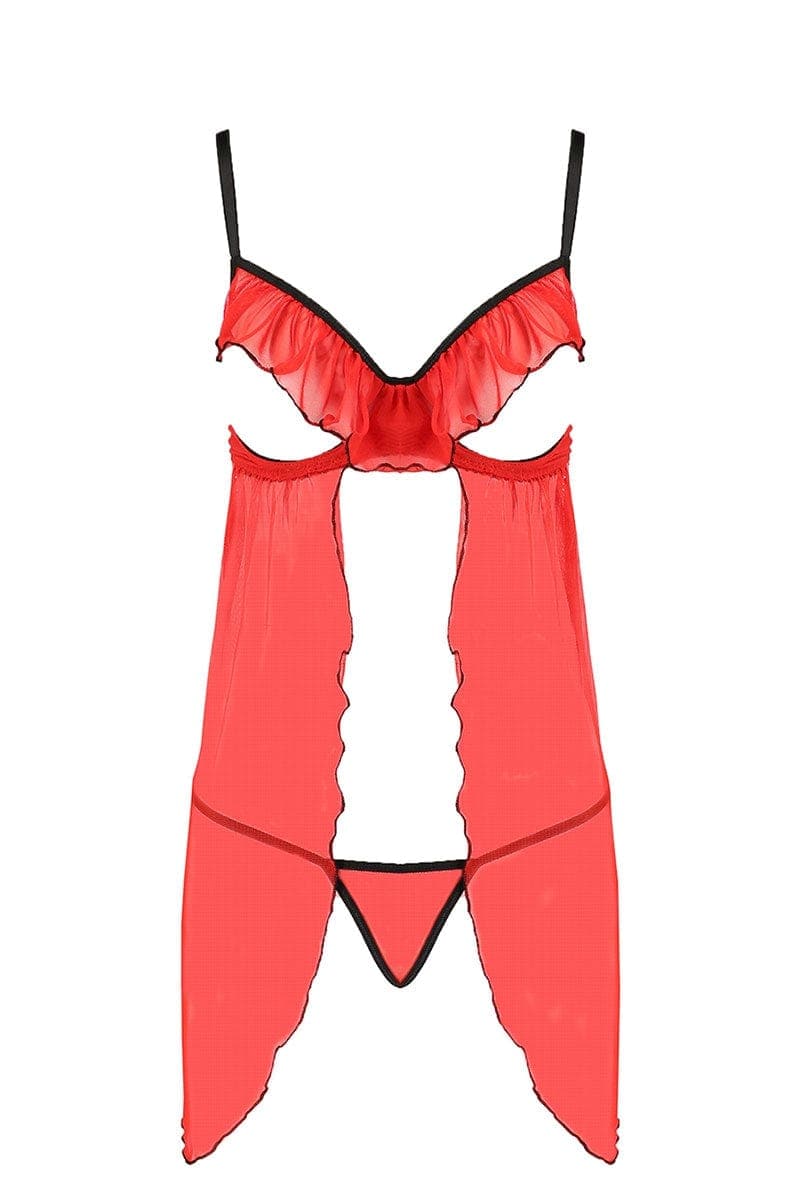 Déshabillé seins nus fendu provocant tulle rouge + string assorti - Passion