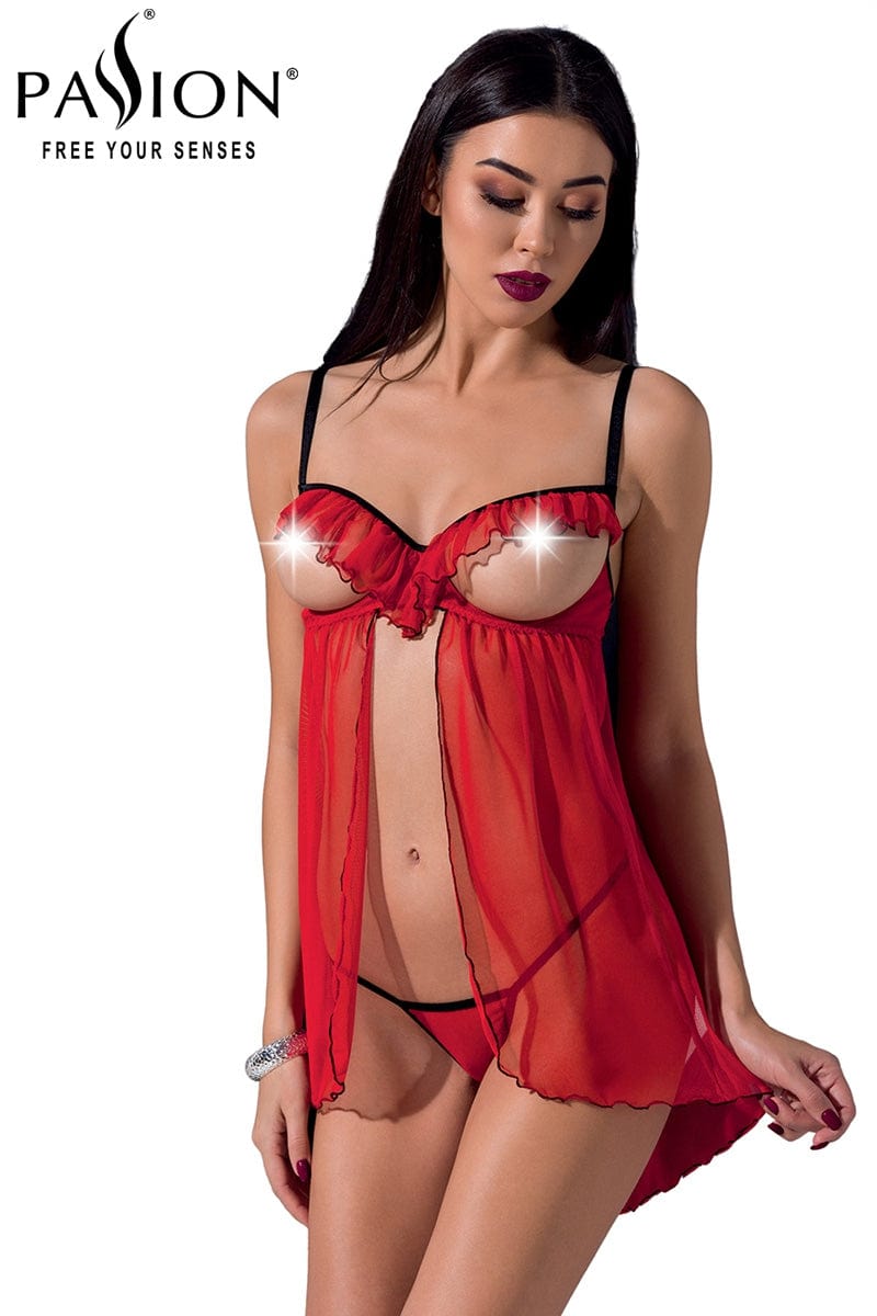 Déshabillé seins nus fendu provocant tulle rouge + string assorti - Passion