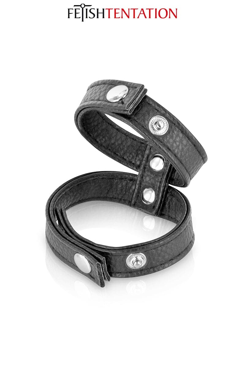 Double cockring pénis et testicules en simili cuir ajustables - Fetish Tentation