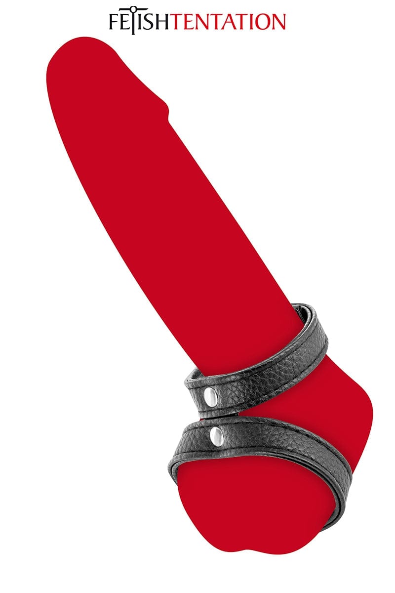 Double cockring pénis et testicules en simili cuir ajustables - Fetish Tentation