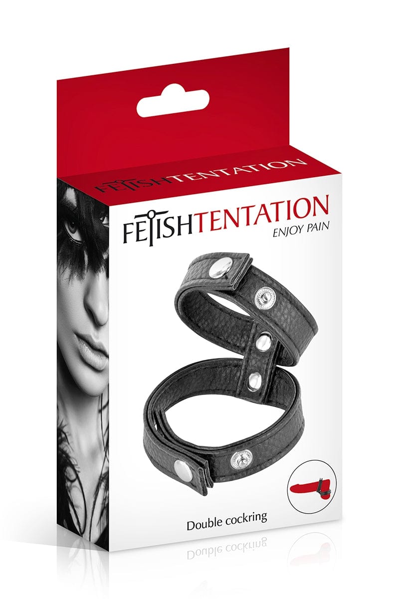 Double cockring pénis et testicules en simili cuir ajustables - Fetish Tentation