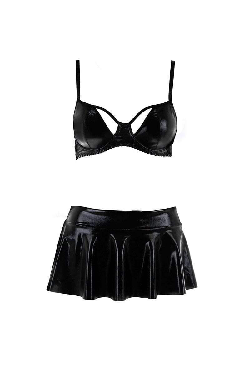 Ensemble 3 pièces vinyle sexy jupe + soutien-gorge + string Deby - Passion