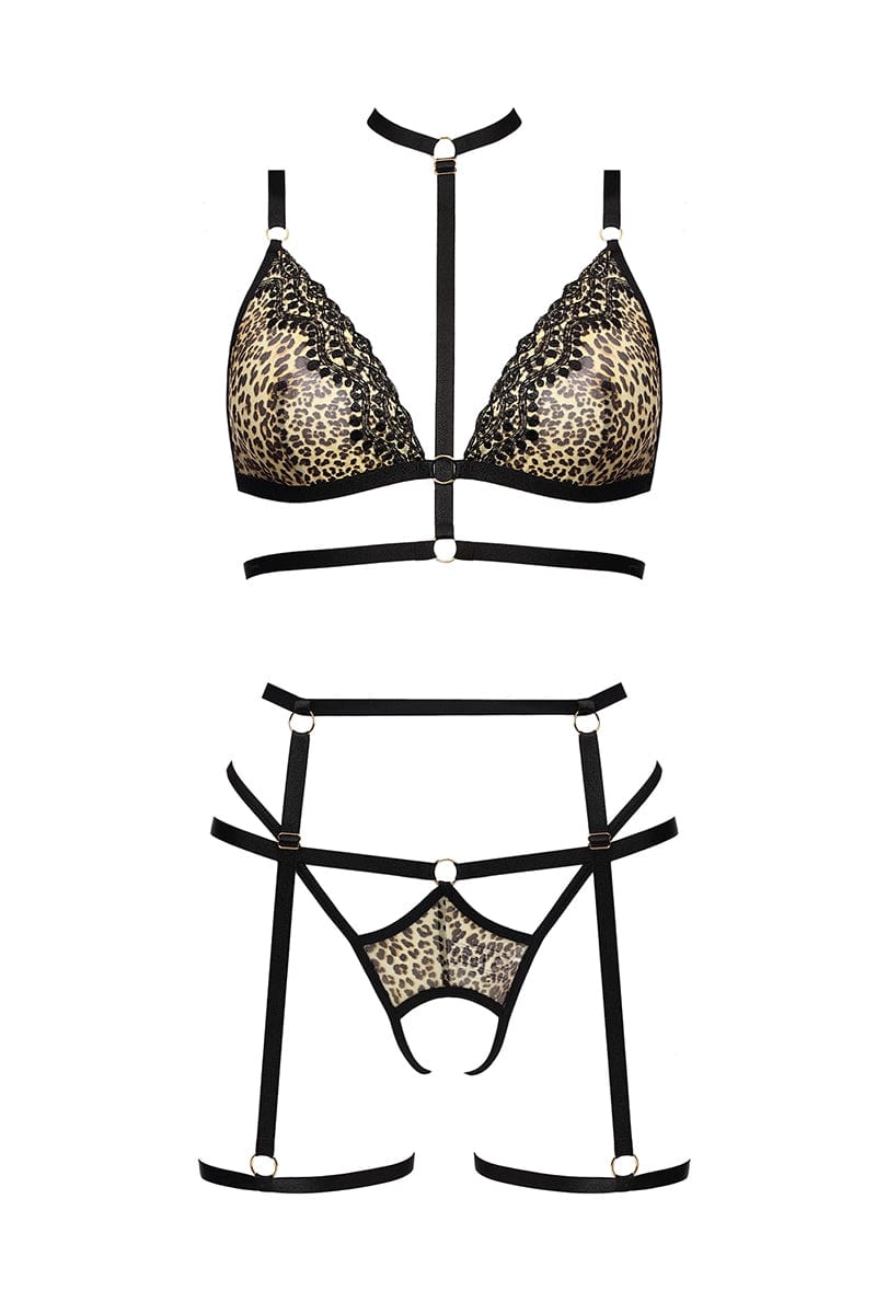 Ensemble 4 pièces léopard érotique harnais et lingerie Cozmo - Anais