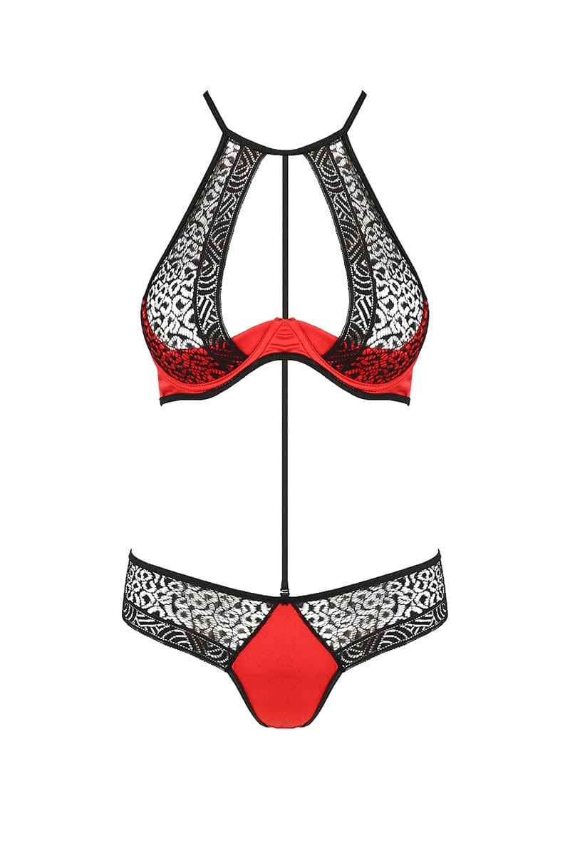 Ensemble coquin 2 pièces bikini en dentelle noir et tissu rouge - Passion