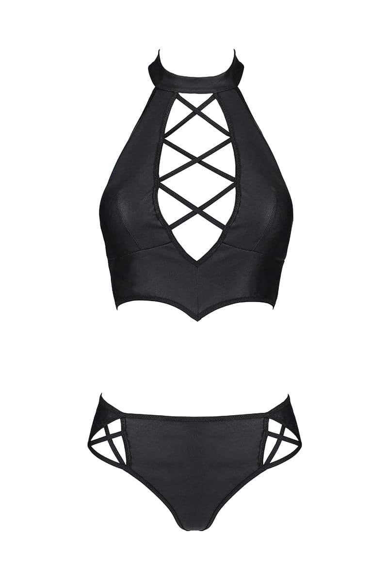 Ensemble érotique 2 pièces bustier dos nu et string faux cuir Nancy - Passion