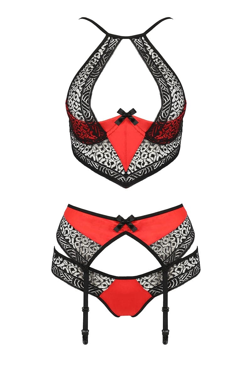 Ensemble érotique 3 pièces à jarretelles femme fatale Scarlet rouge - Passion