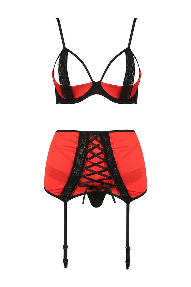 Ensemble lingerie sexy à jarretelles rouge et noir Femmina - Passion