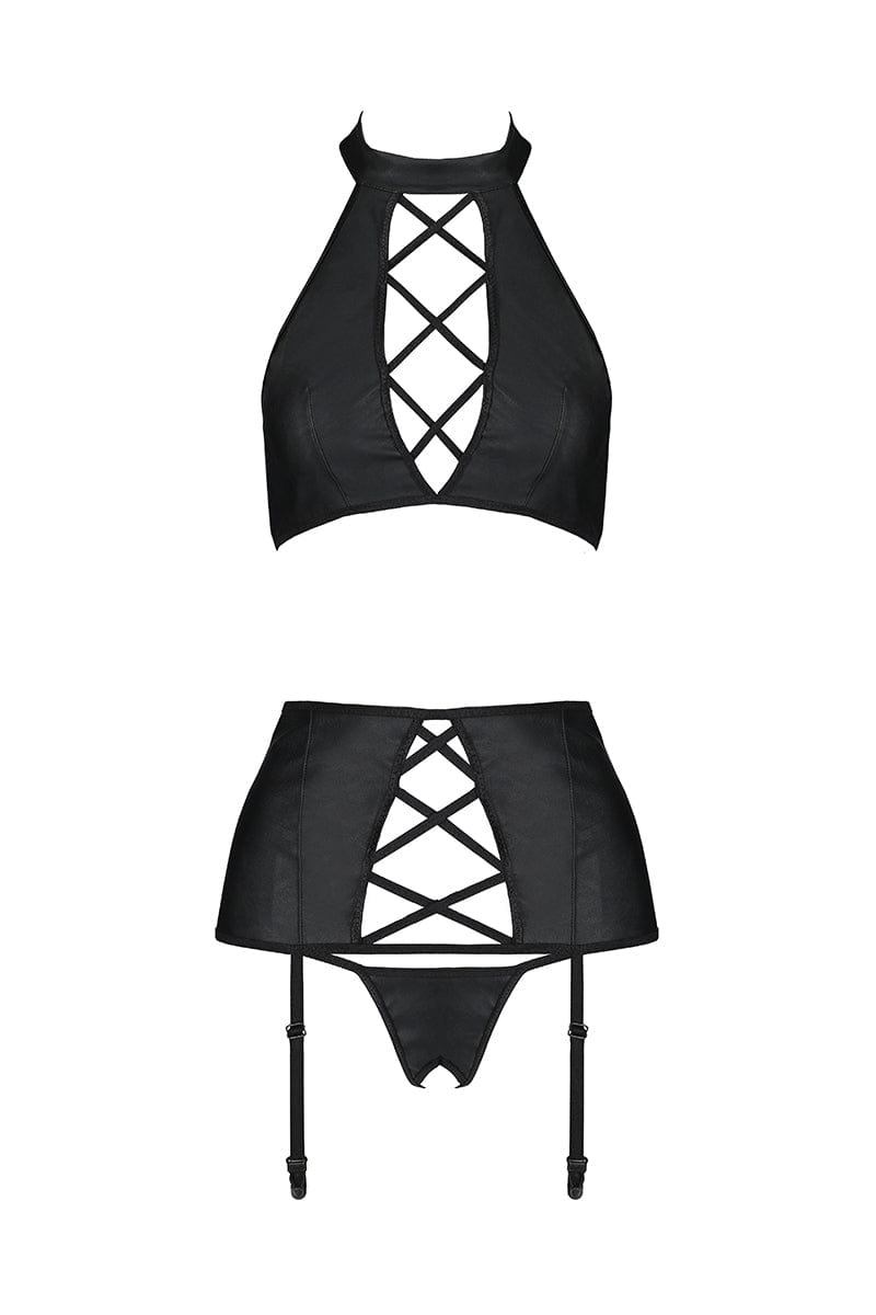 Ensemble sexy 3 pièces en faux cuir noir dos nu string ouvert Nancy - Passion Lingerie