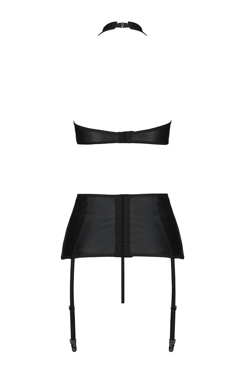 Ensemble sexy 3 pièces en faux cuir noir dos nu string ouvert Nancy - Passion Lingerie