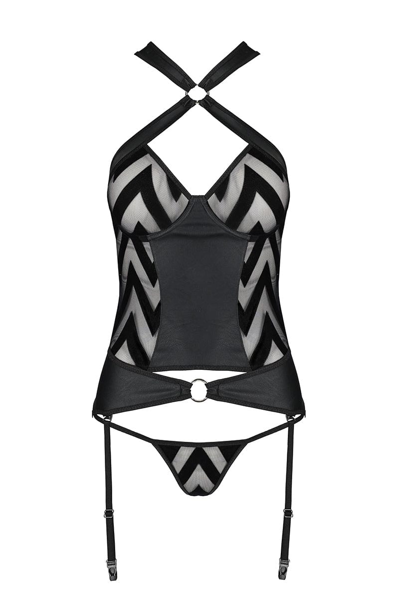 Ensemble sexy en dentelle guêpière et string simili cuir Hima - Passion
