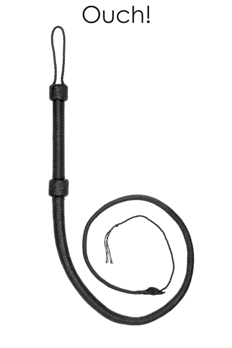 Fouet en cuir de vache tressé noir Bullwhip 190cm pour punition soumis SM - Ouch!