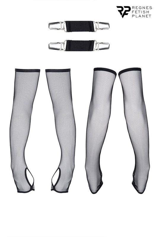 Gants longs en maille noire avec bretelles pour travestis - Regnes