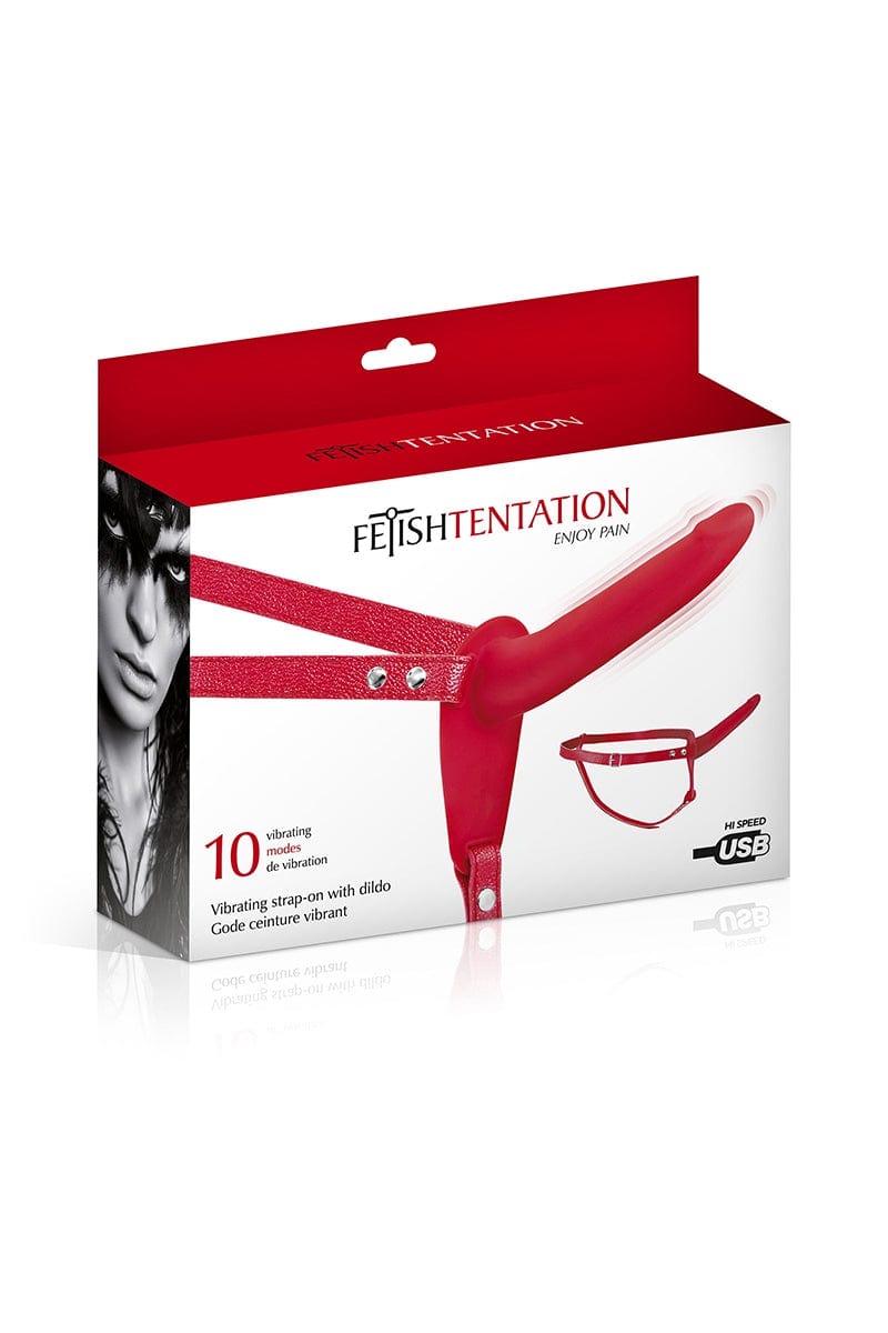 Gode-ceinture 10 modes vibrant en silicone rouge pour couple 15,5cm - Fetish Tentation