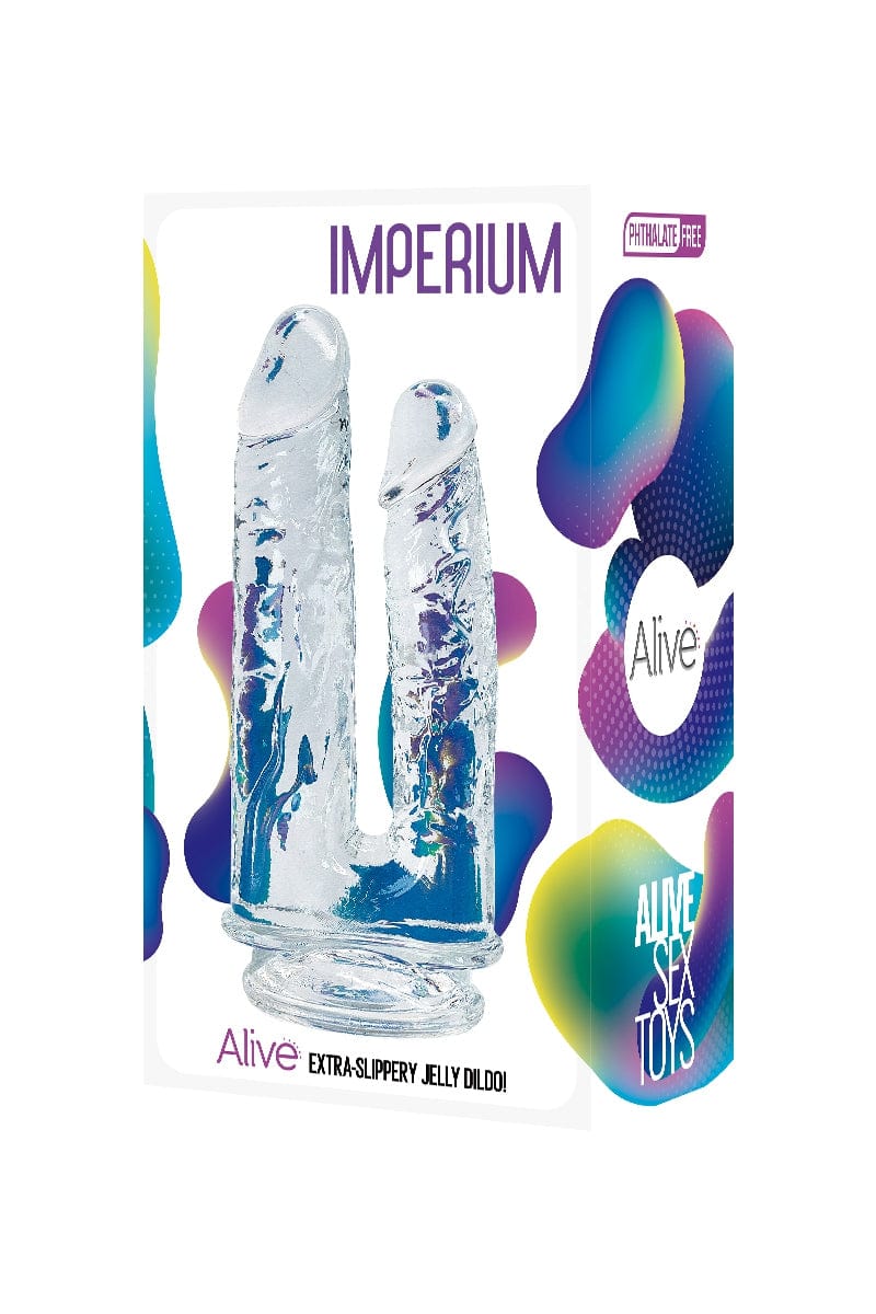 Gode double pénétration avec ventouse en jelly translucide Imperium 19cm + 17cm - Alive